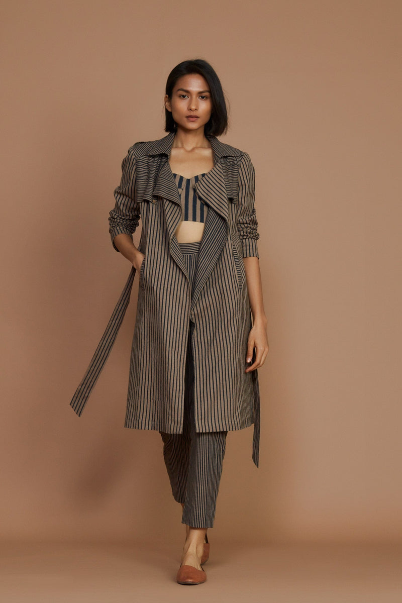 Brown with Charcoal Striped Trench & Corset Co-Ord Set (3 PCS) – Mati