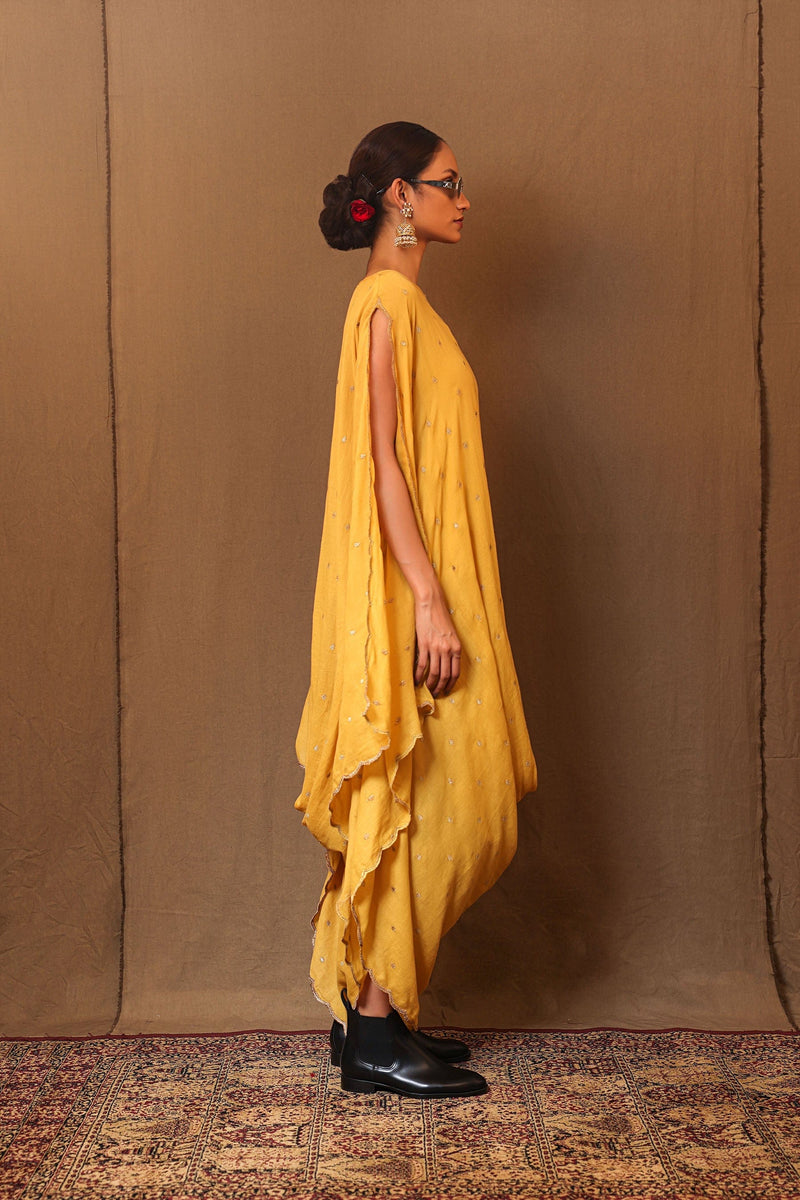 Mati Dresses Mustard Zari Spade EMB Cowl Dress