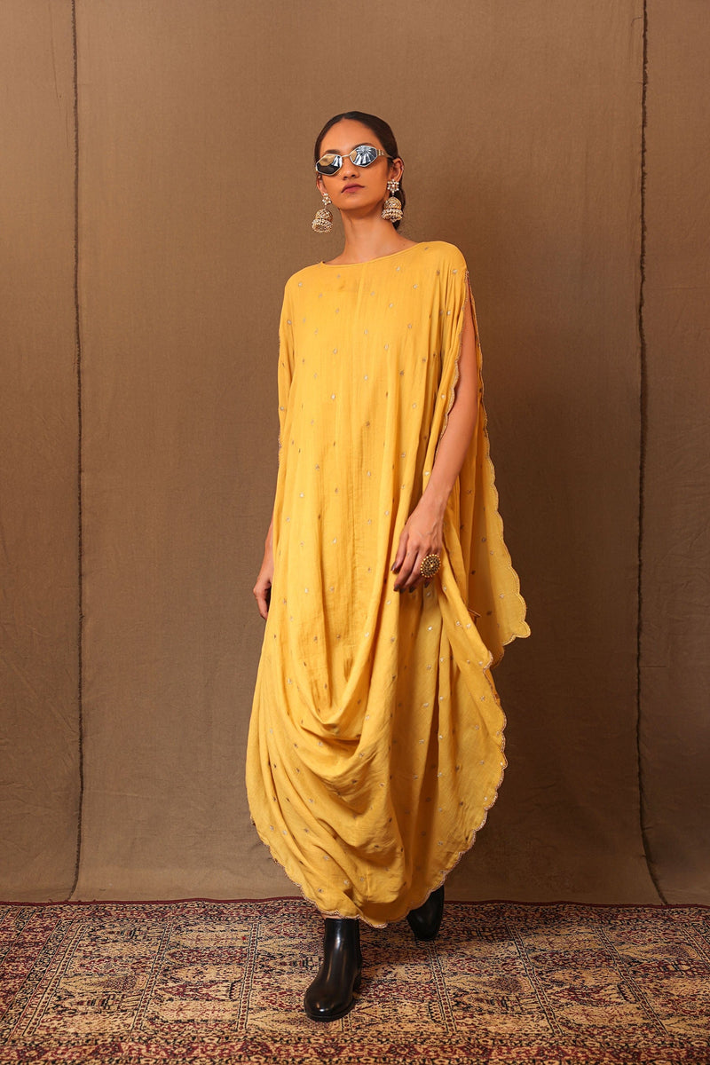 Mati Dresses Mustard Zari Spade EMB Cowl Dress