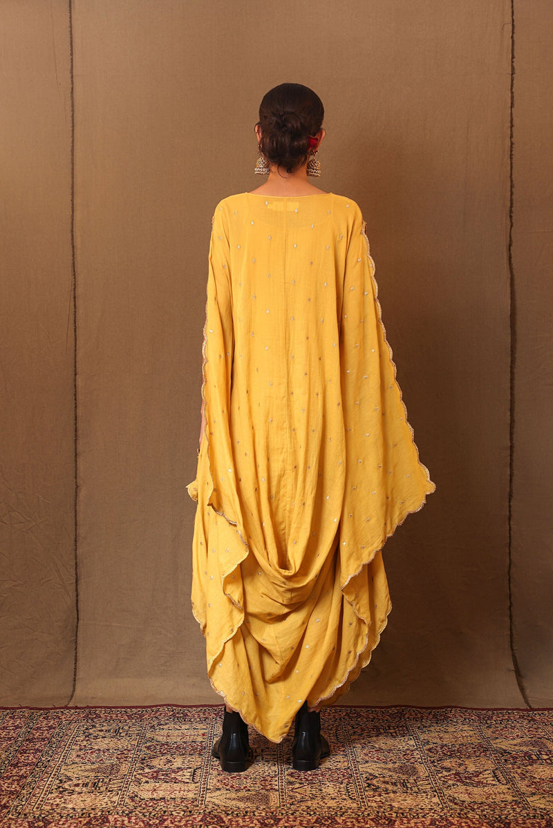 Mati Dresses Mustard Zari Spade EMB Cowl Dress