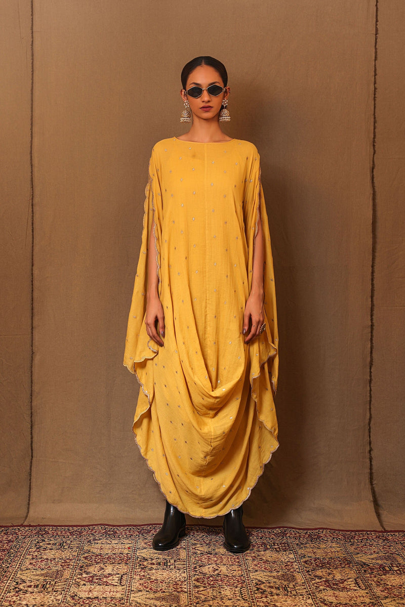 Mati Dresses Mustard Zari Spade EMB Cowl Dress