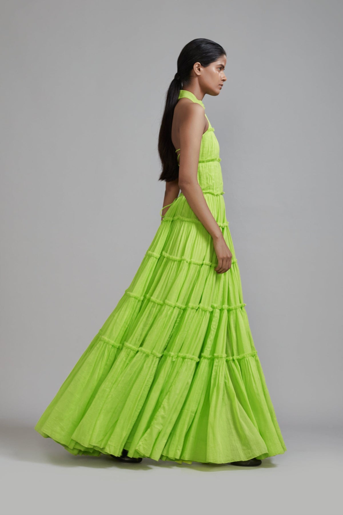 Mati Dresses Neon Green Backless Tiered Gown