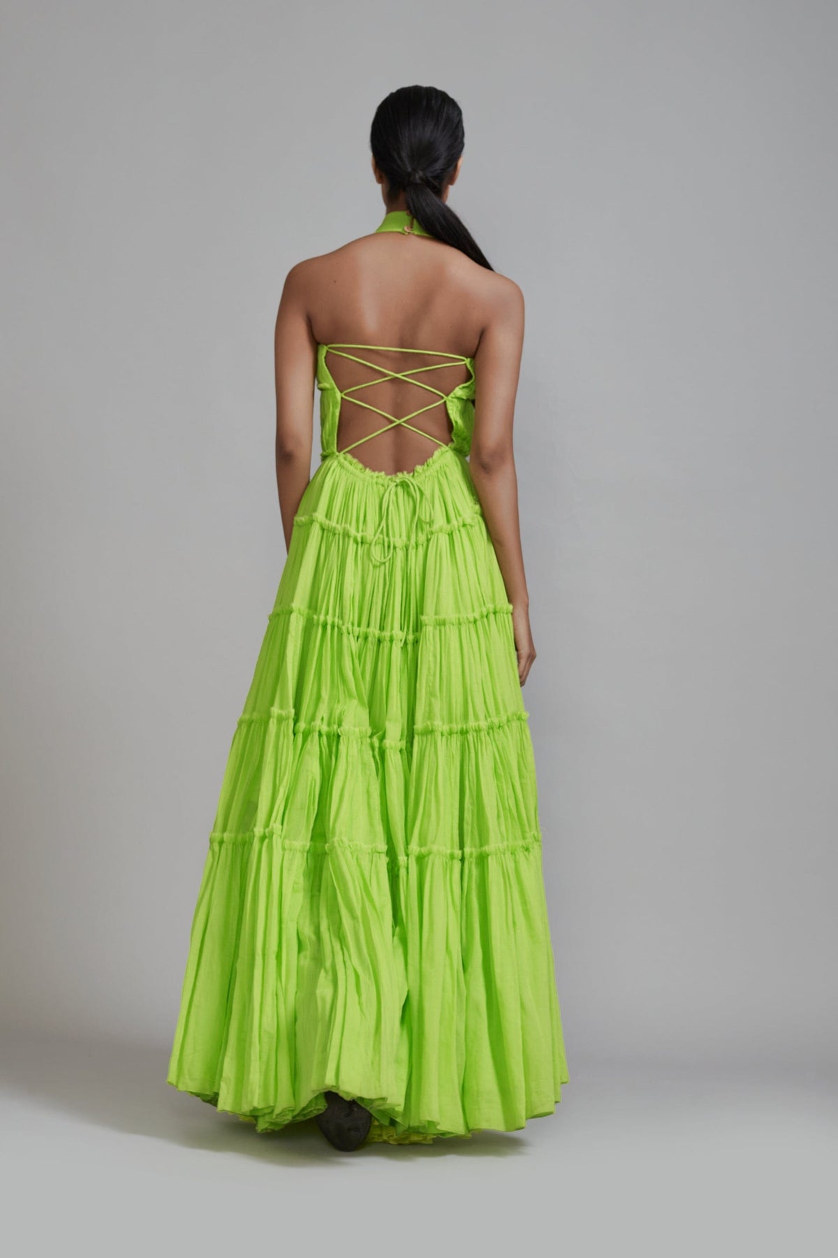 Mati Dresses Neon Green Backless Tiered Gown