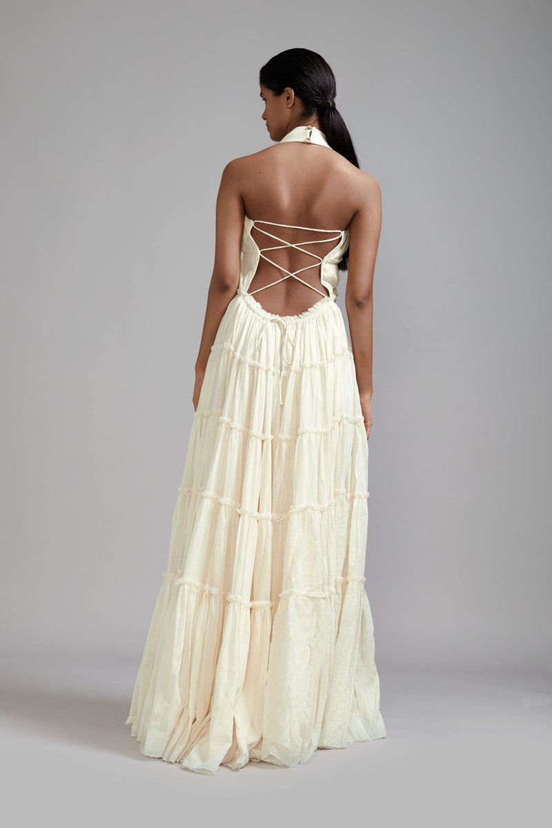 Mati Dresses Off-White Backless Tiered Gown (Ready to Ship)