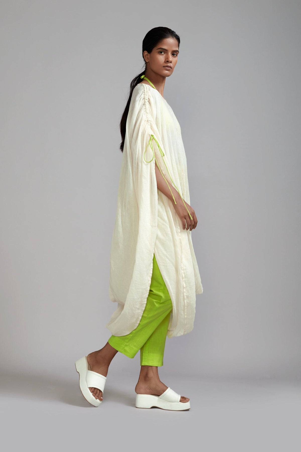 Mati Dresses Off-White with Neon Green Gathered Cowl Tunic (Ready to Ship)