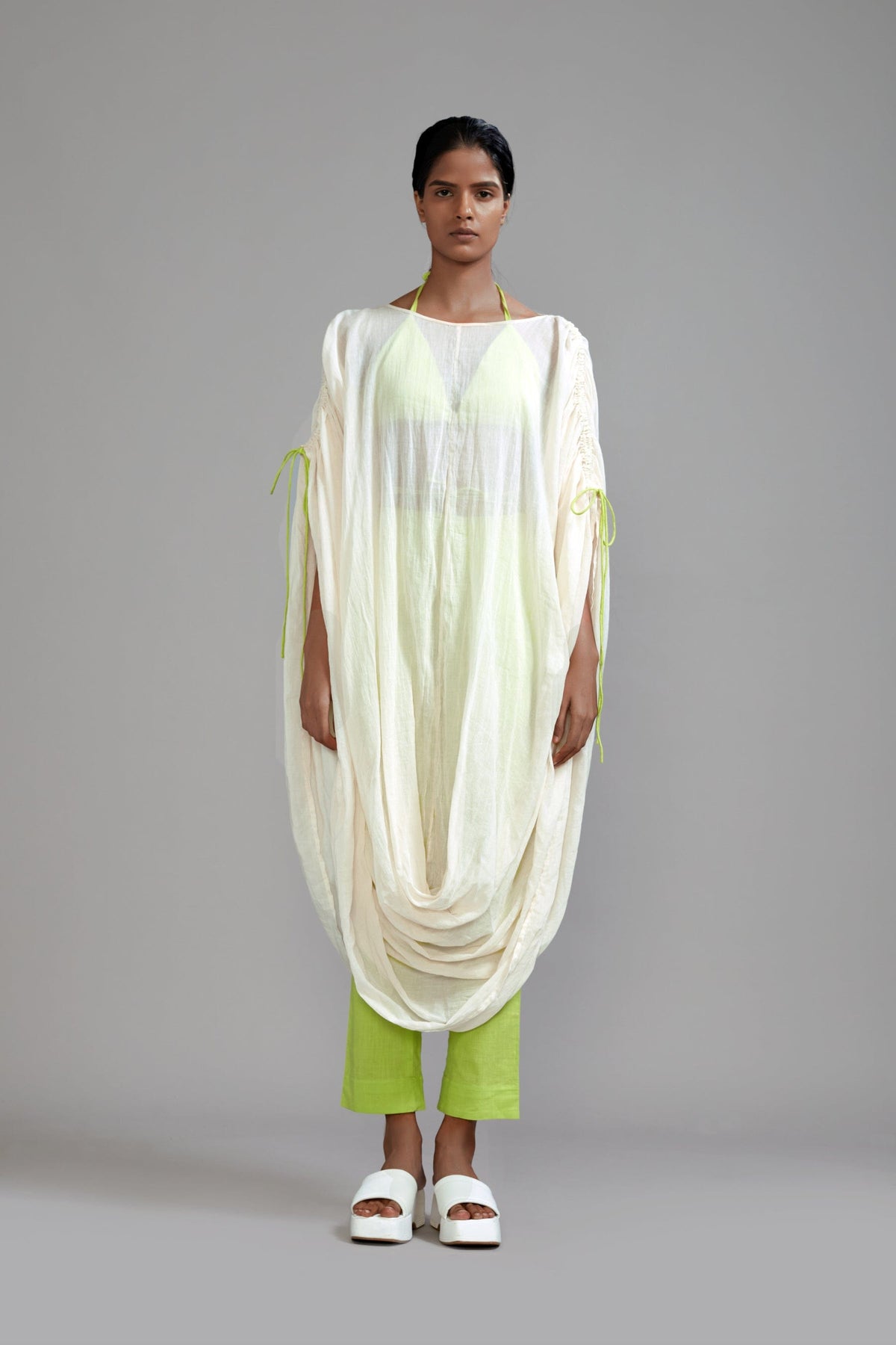 Mati Dresses Off-White with Neon Green Gathered Cowl Tunic