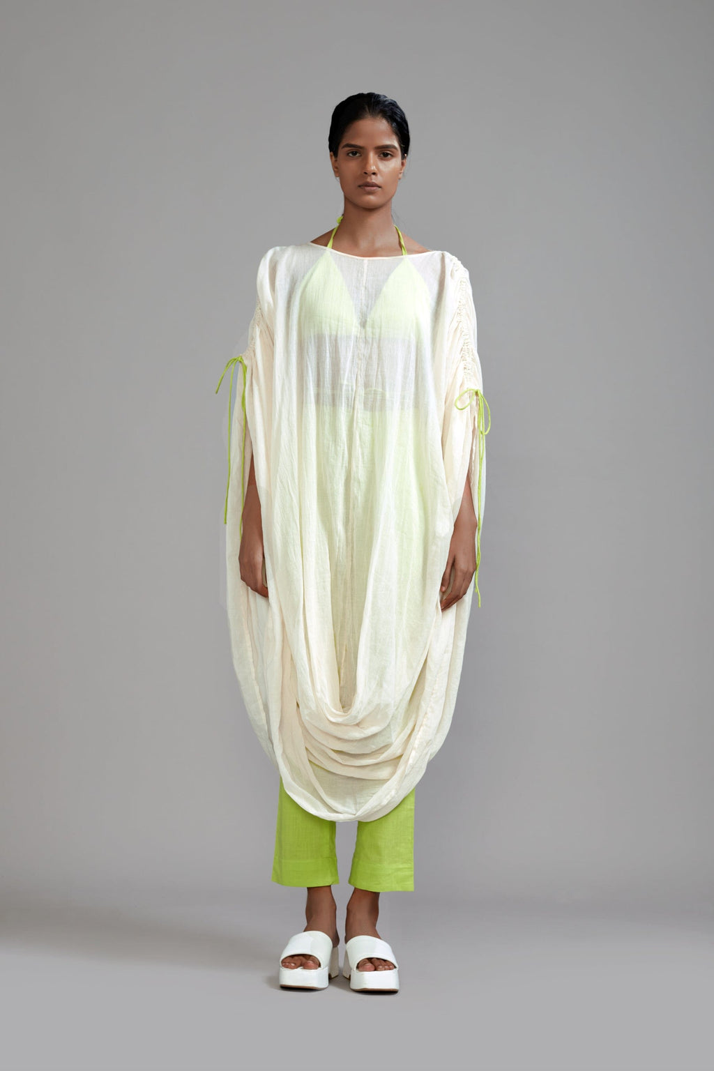 Mati Dresses Off-White with Neon Green Gathered Cowl Tunic