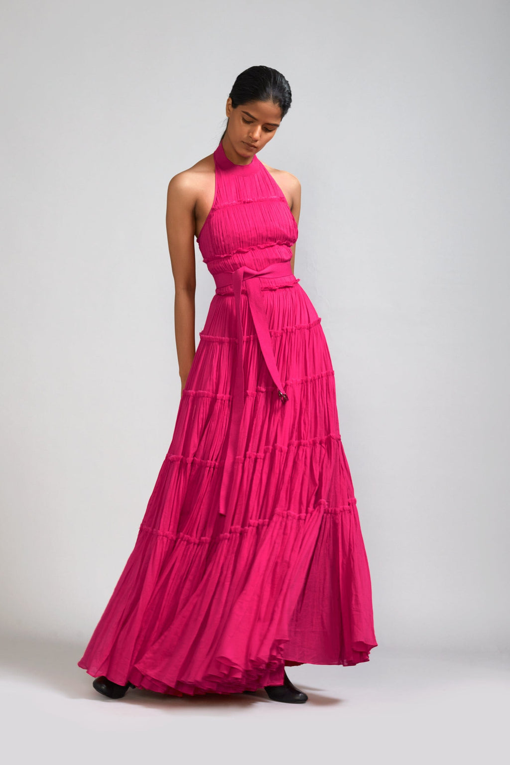 Mati Dresses XS Pink Backless Tiered Gown (Ready to Ship)