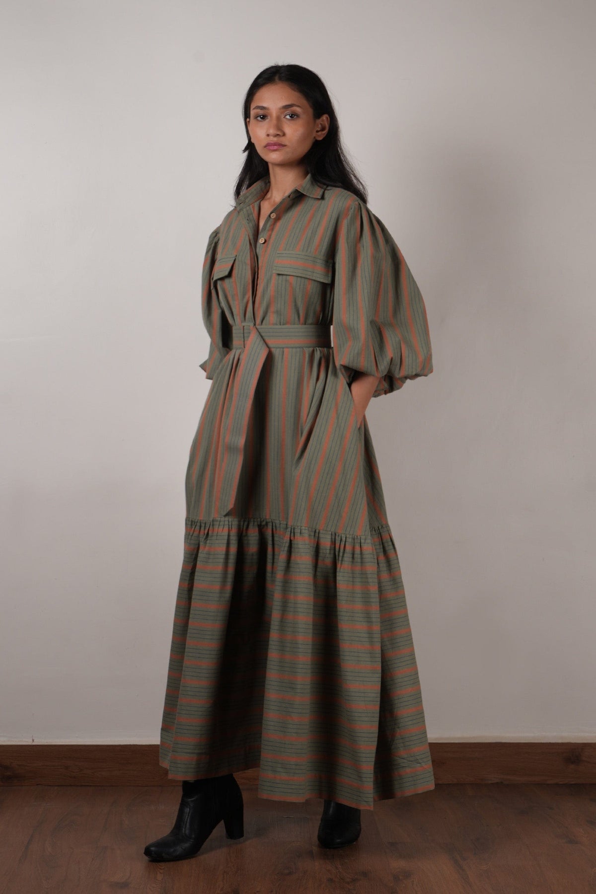 Mati Dresses XS Striped Green Shirt Kaavya Dress