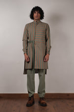 Mati kurta Men's Green Striped Belted Kurta