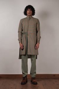 Mati kurta Men's Green Striped Belted Kurta