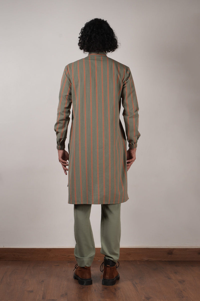 Mati kurta Men's Green Striped Belted Kurta