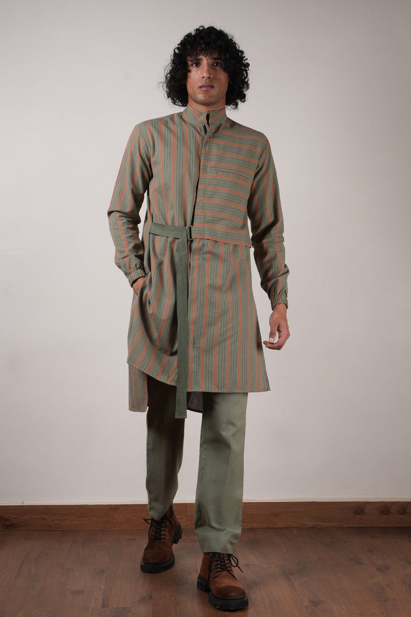 Mati kurta Men's Green Striped Belted Kurta