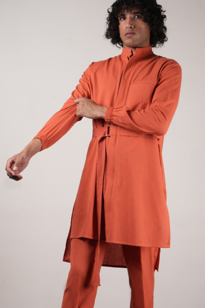 Mati kurta Men's Rust Belted Kurta