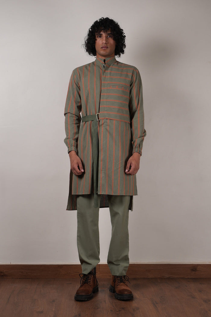 Mati Outfit Sets Men's Green Striped Belted Kurta Set (2 PCS)