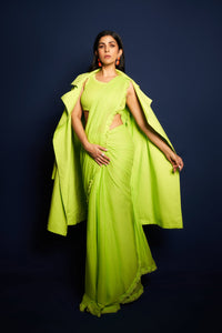 Mati Outfit Sets Neon Green Fringed Saree-Bodysuit-Jacket Set (3 PCS)