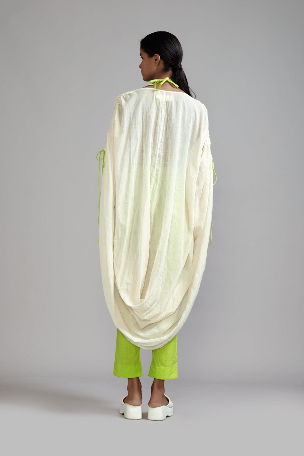 Mati Outfit Sets Off-White with Neon Green Gathered Cowl Tunic Set (3 PCS)