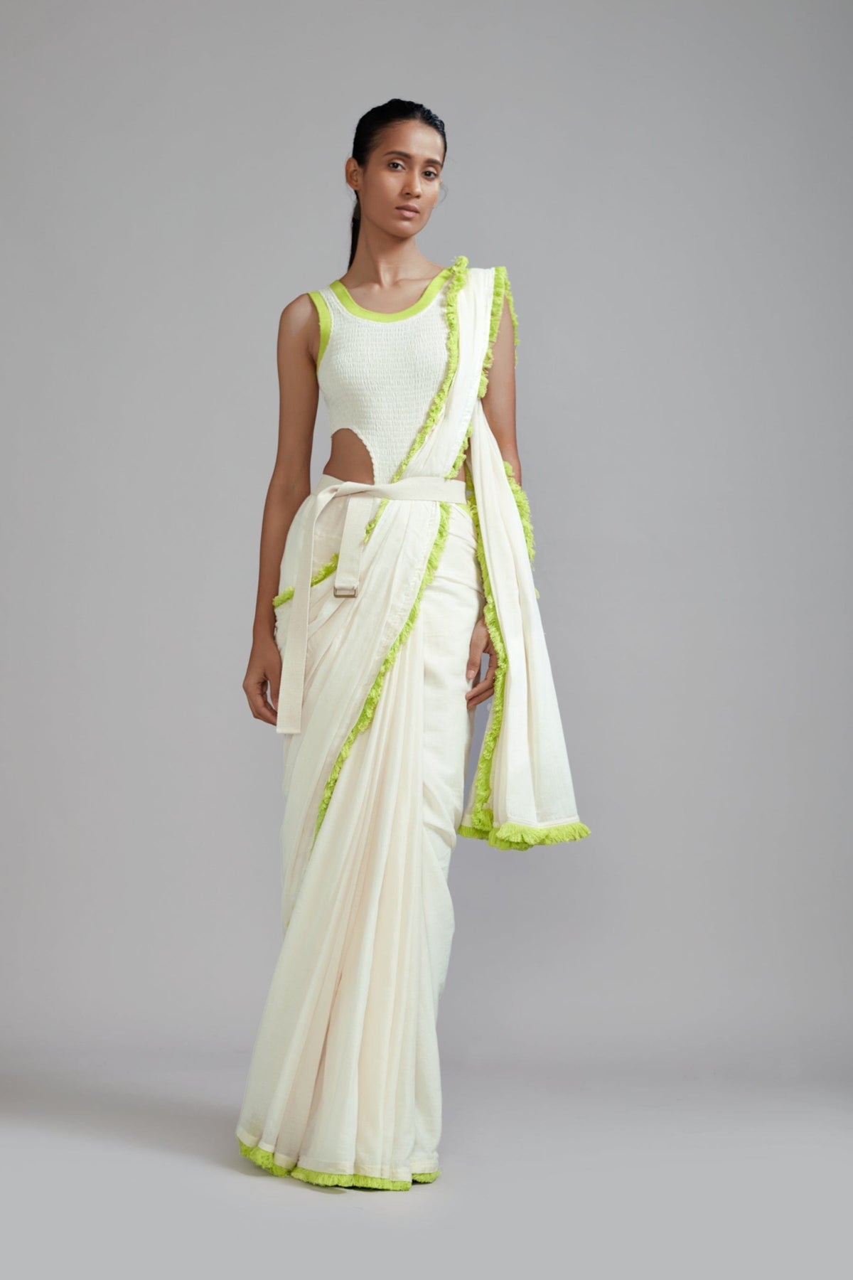 Mati Outfit Sets Off-White with Neon Green Saree & Smocked Bodysuit Set (2 PCS)