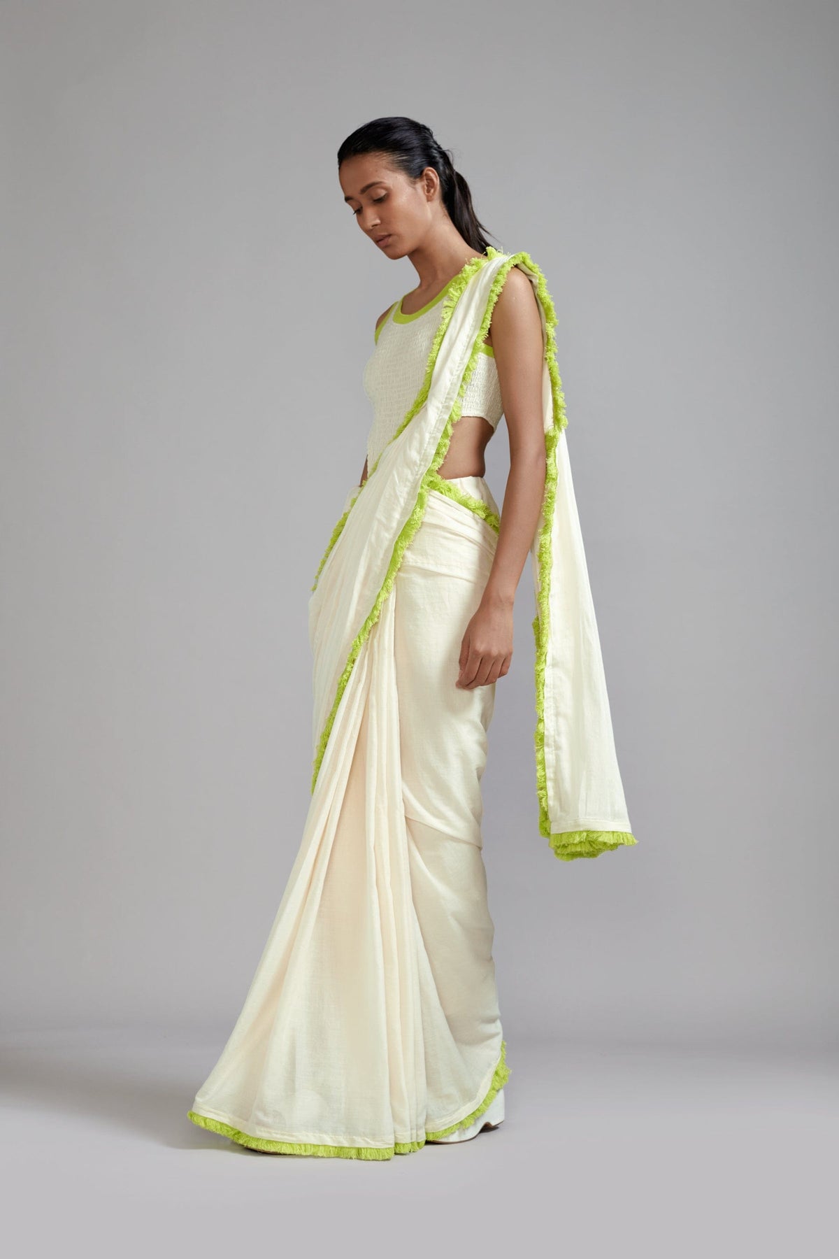 Mati Outfit Sets Off-White with Neon Green Saree & Smocked Bodysuit Set (2 PCS)