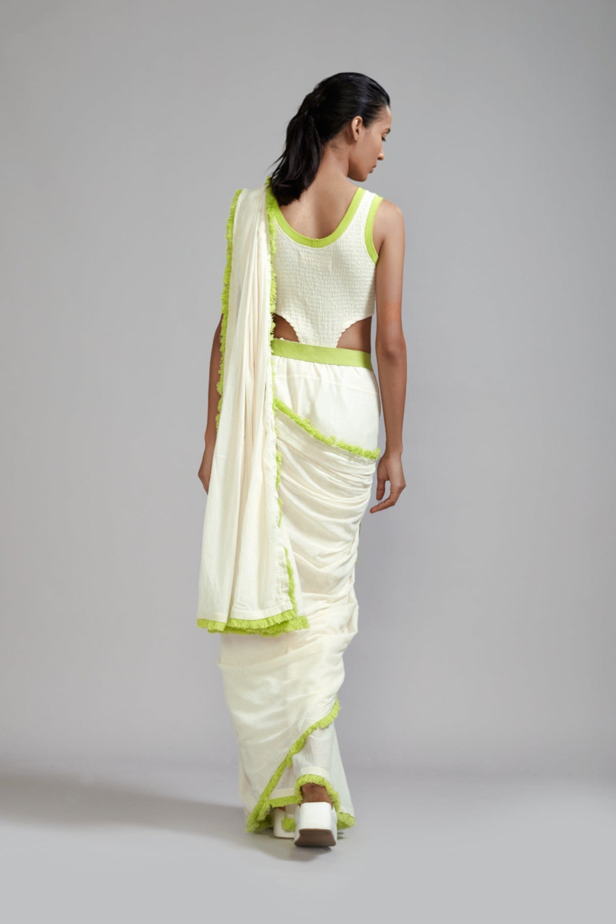 Mati Outfit Sets Off-White with Neon Green Saree & Smocked Bodysuit Set (2 PCS)