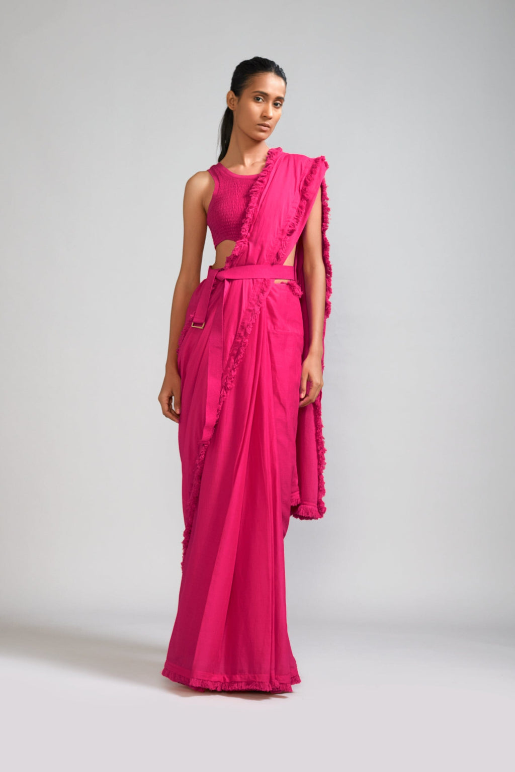 Mati Outfit Sets Pink Fringed Saree & Smocked Bodysuit Set (2 PCS) (Ready to Ship)