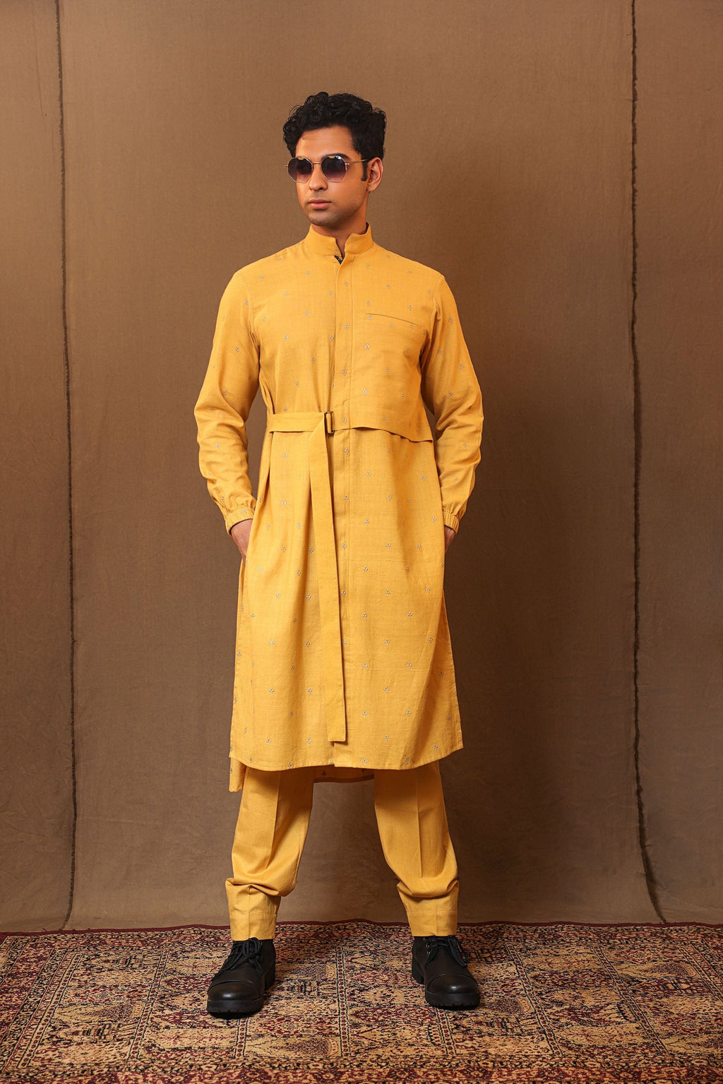 Mati Outfit Sets S Mustard Zari Club EMB Belted Kurta Set (2 PCS)