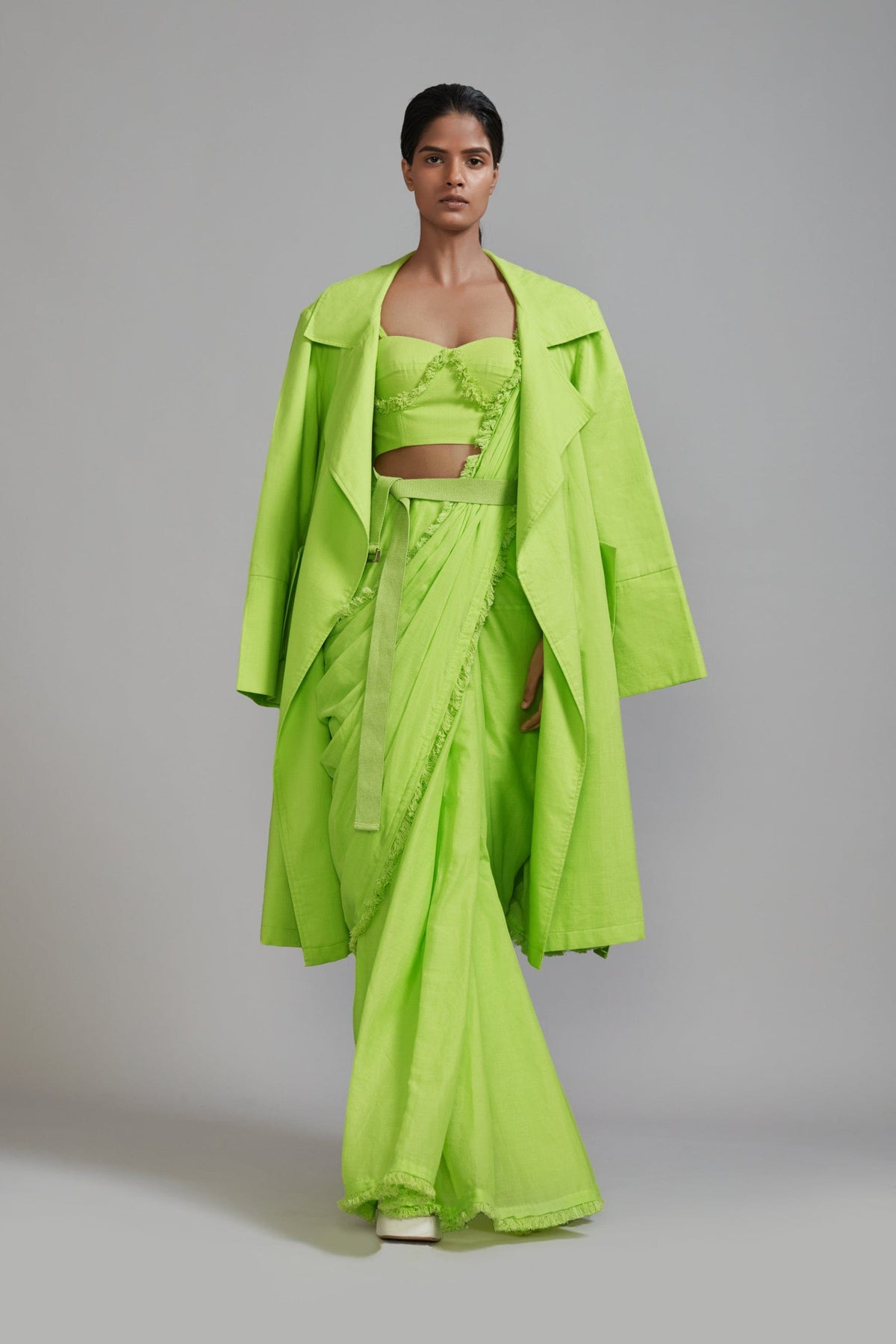 Mati Outfit Sets XS Neon Green Fringed Saree-Corset-Jacket Set (3 PCS)