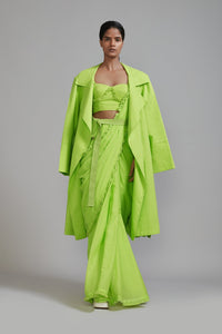 Mati Outfit Sets XS Neon Green Fringed Saree-Corset-Jacket Set (3 PCS)