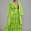 Mati Outfit Sets XS Neon Green Fringed Tiered Lehenga Jacket Set (3 PCS)