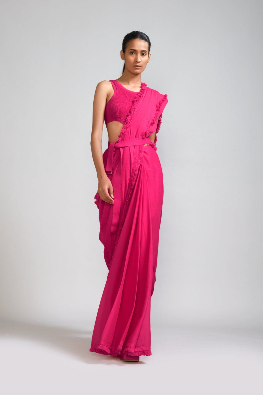 Mati Outfit Sets XS Pink Fringed Saree & Smocked Bodysuit Set (2 PCS) (Ready to Ship)