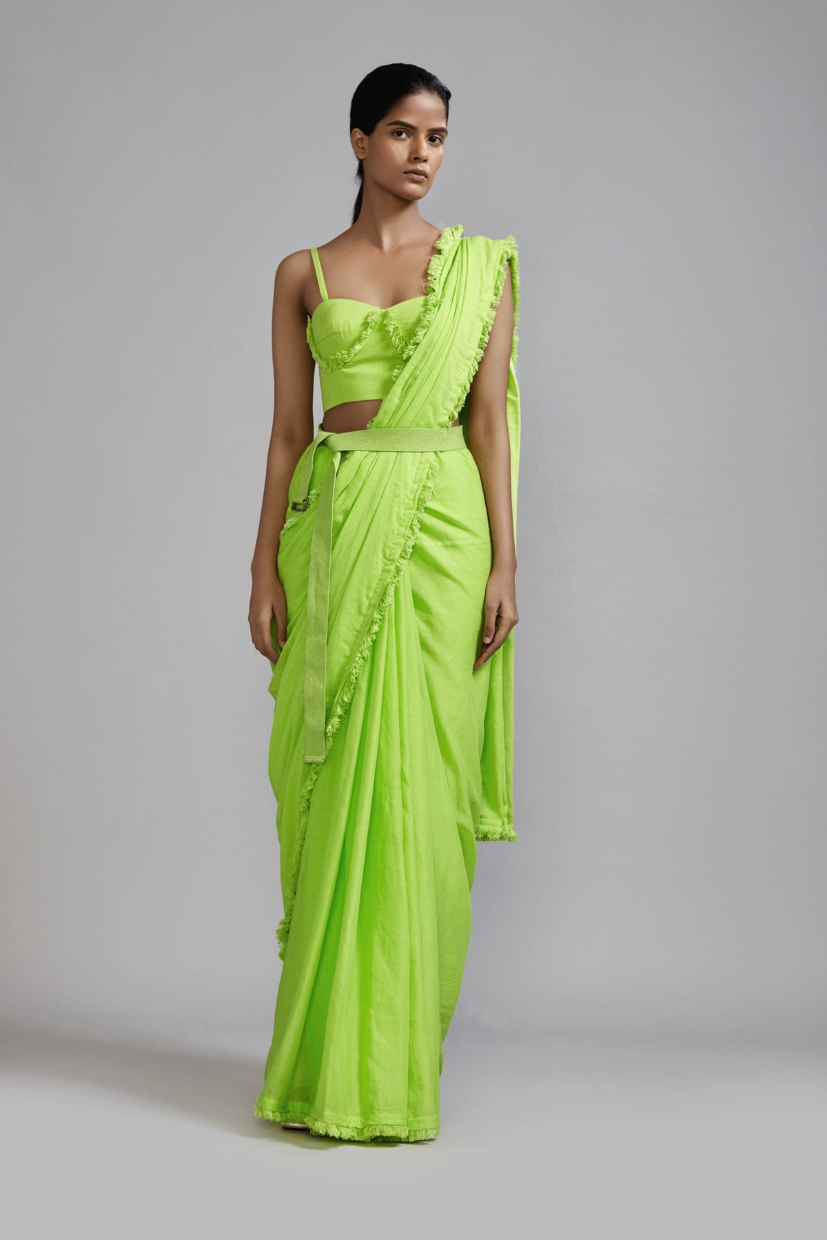 Mati SAREE Neon Green Fringed Saree