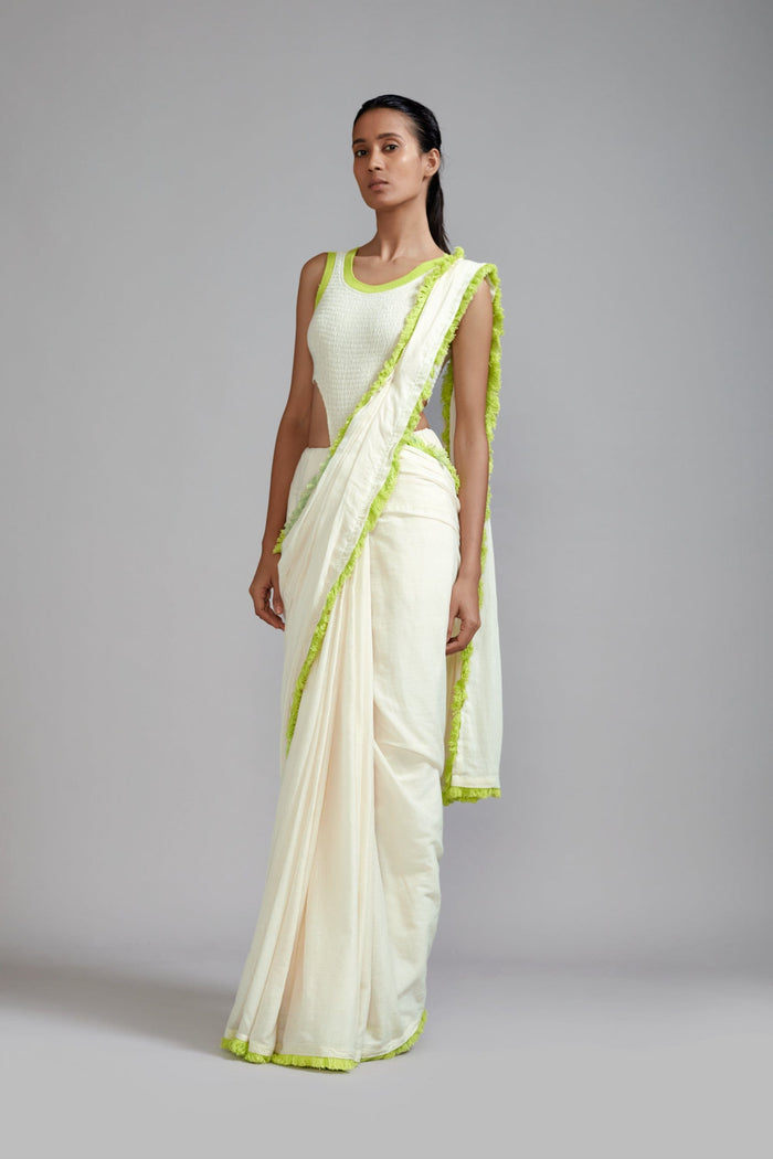 Mati SAREE Off-White with Neon Green Fringed Saree