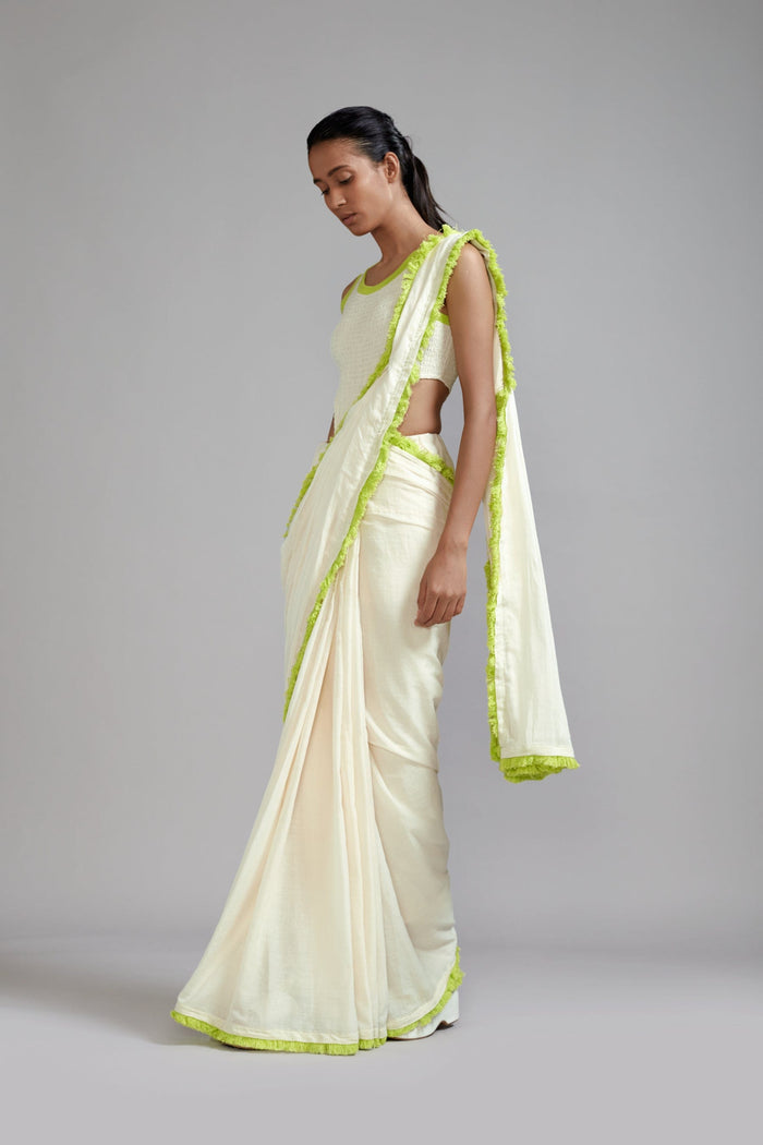 Mati SAREE Off-White with Neon Green Fringed Saree