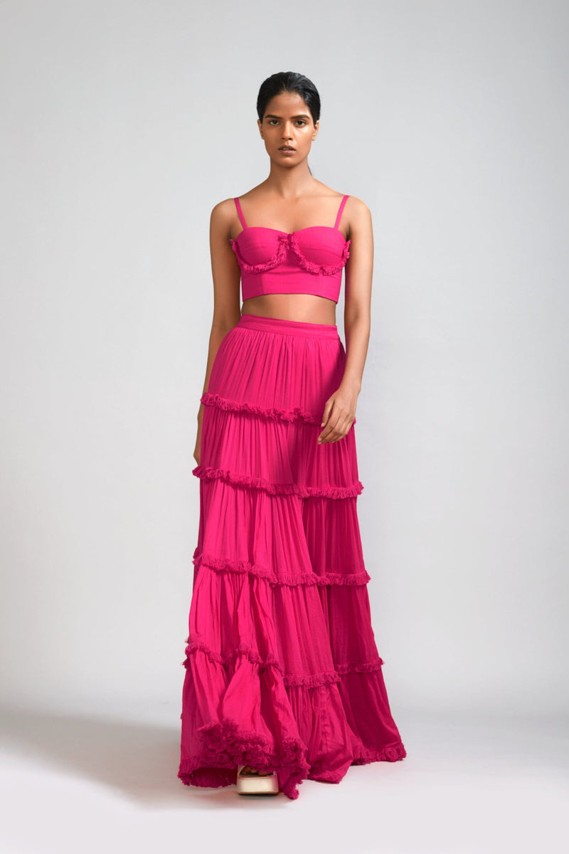 Mati Separates Pink Fringed Tiered Lehenga