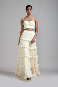 Mati Separates XS Off-White Fringed Tiered Lehenga