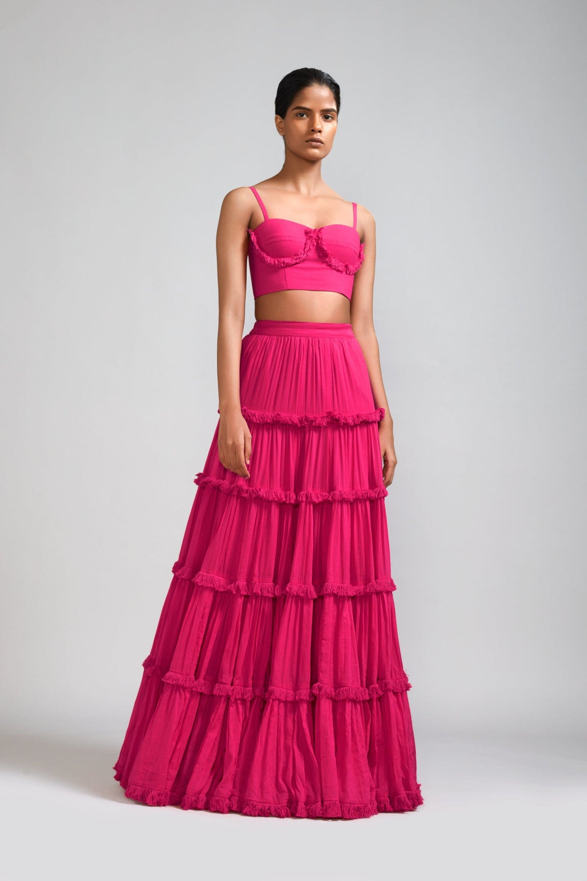 Mati Separates XS Pink Fringed Tiered Lehenga