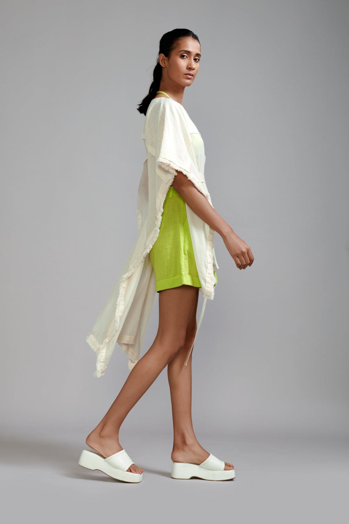 Mati SEPERATES Off-White wIth Neon Green Fringed Kaftan