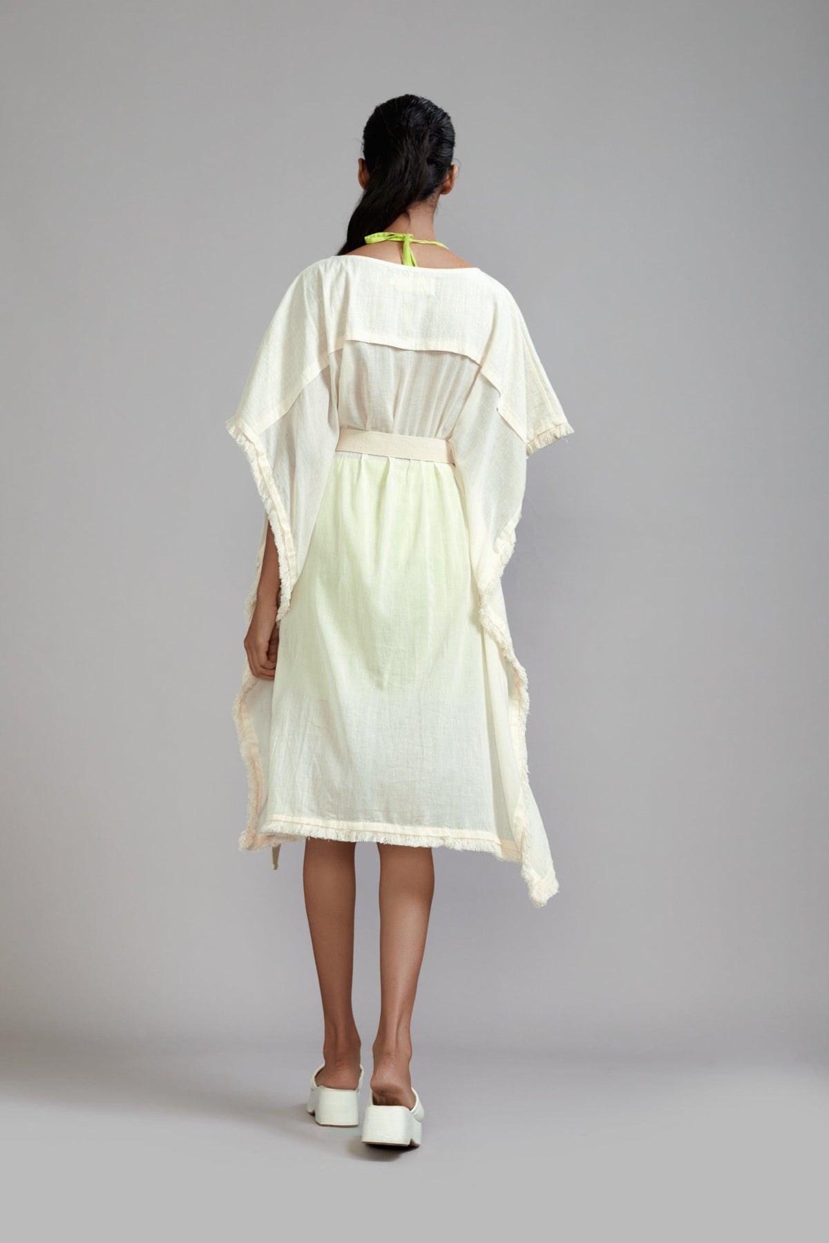 Mati SEPERATES Off-White wIth Neon Green Fringed Kaftan