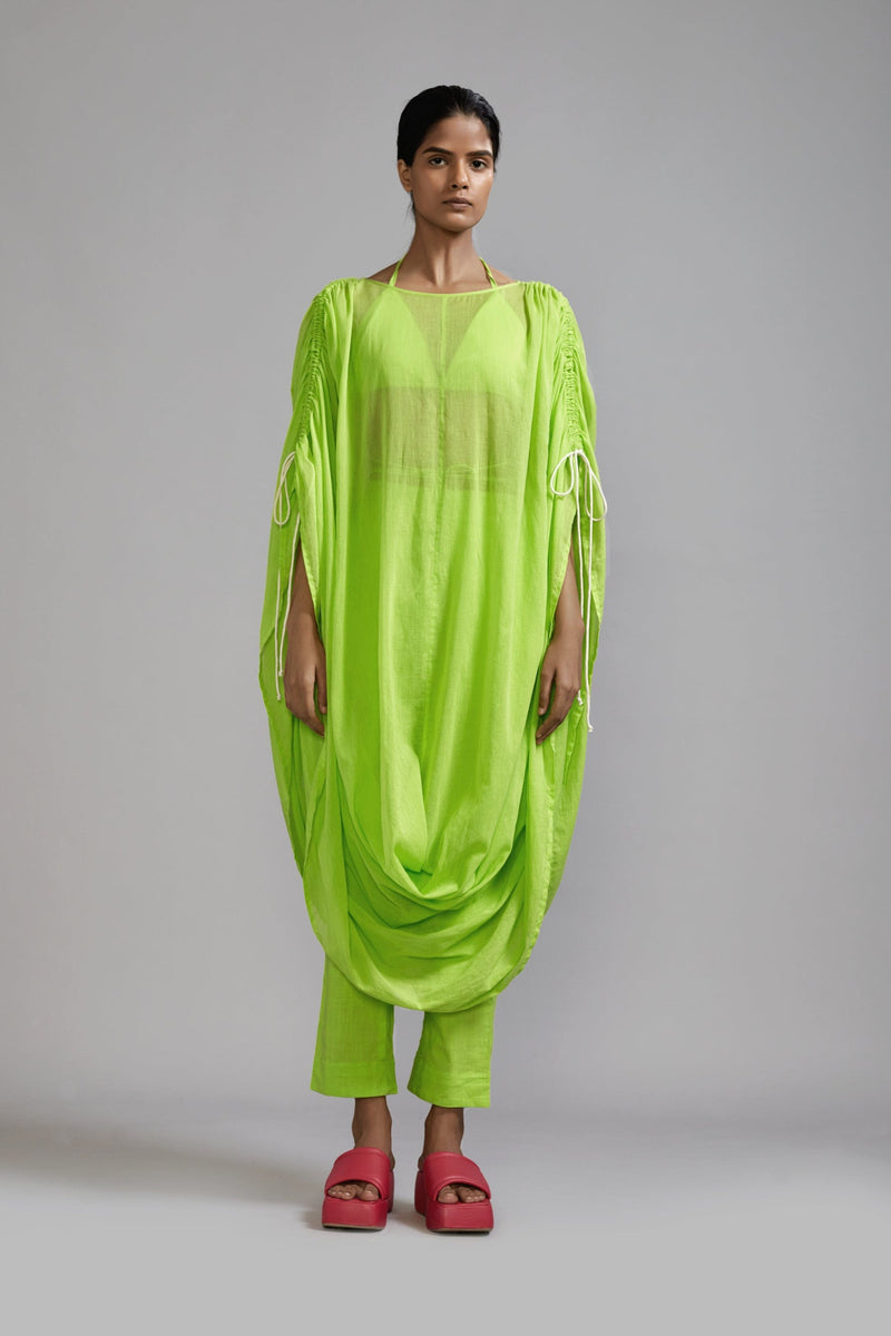 Mati SET Neon Green Gathered Cowl Tunic Set (3 PCS)