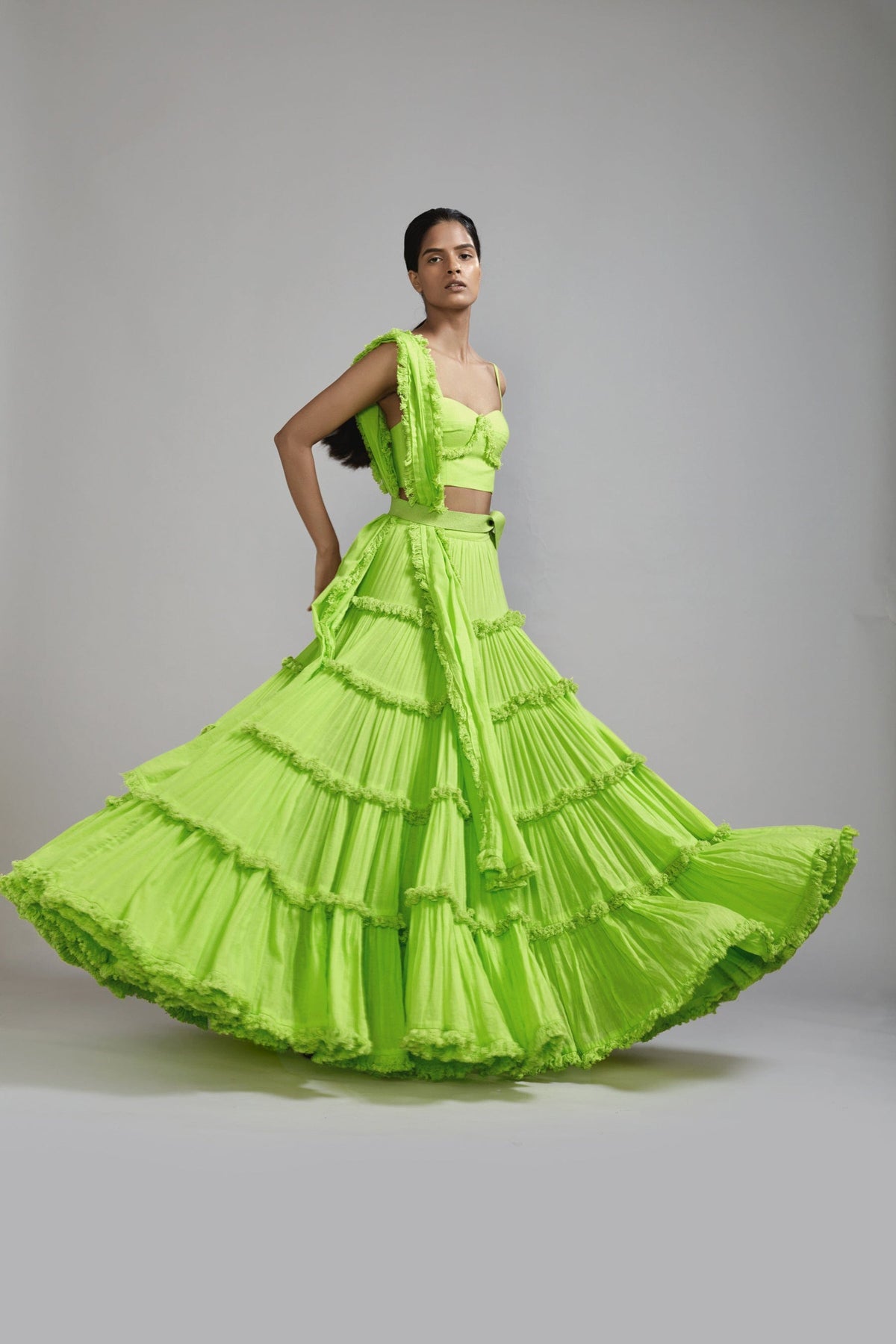 Mati sets Neon Green Fringed Tiered Lehenga Set (3 PCS)