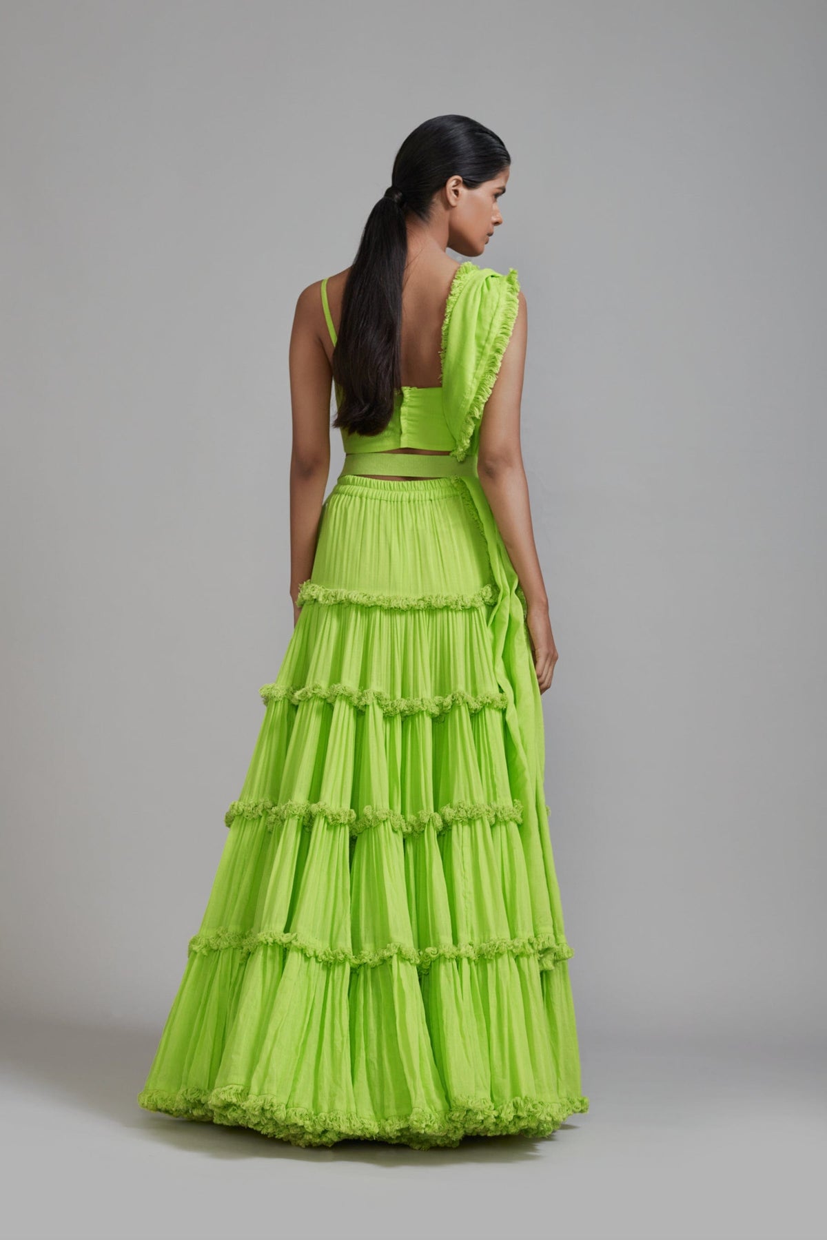 Mati sets Neon Green Fringed Tiered Lehenga Set (3 PCS)