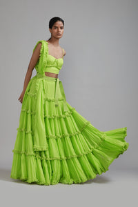 Mati sets Neon Green Fringed Tiered Lehenga Set (3 PCS)