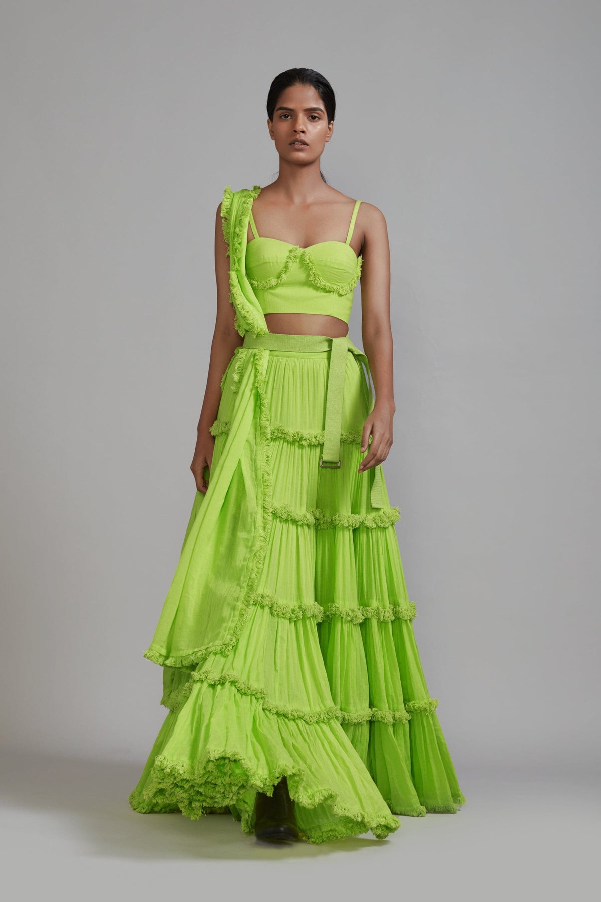 Mati sets Neon Green Fringed Tiered Lehenga Set (3 PCS)