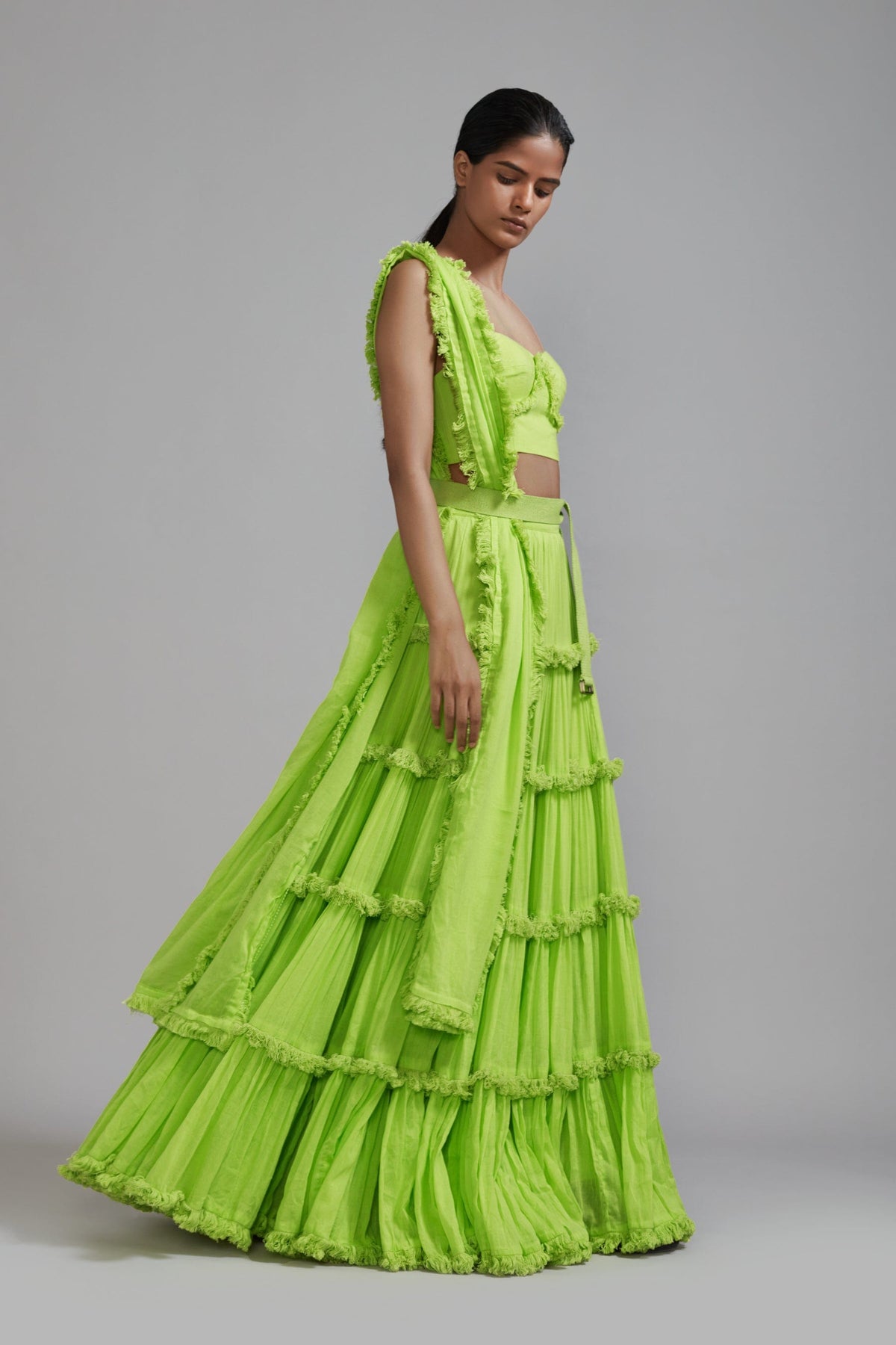 Mati sets Neon Green Fringed Tiered Lehenga Set (3 PCS)