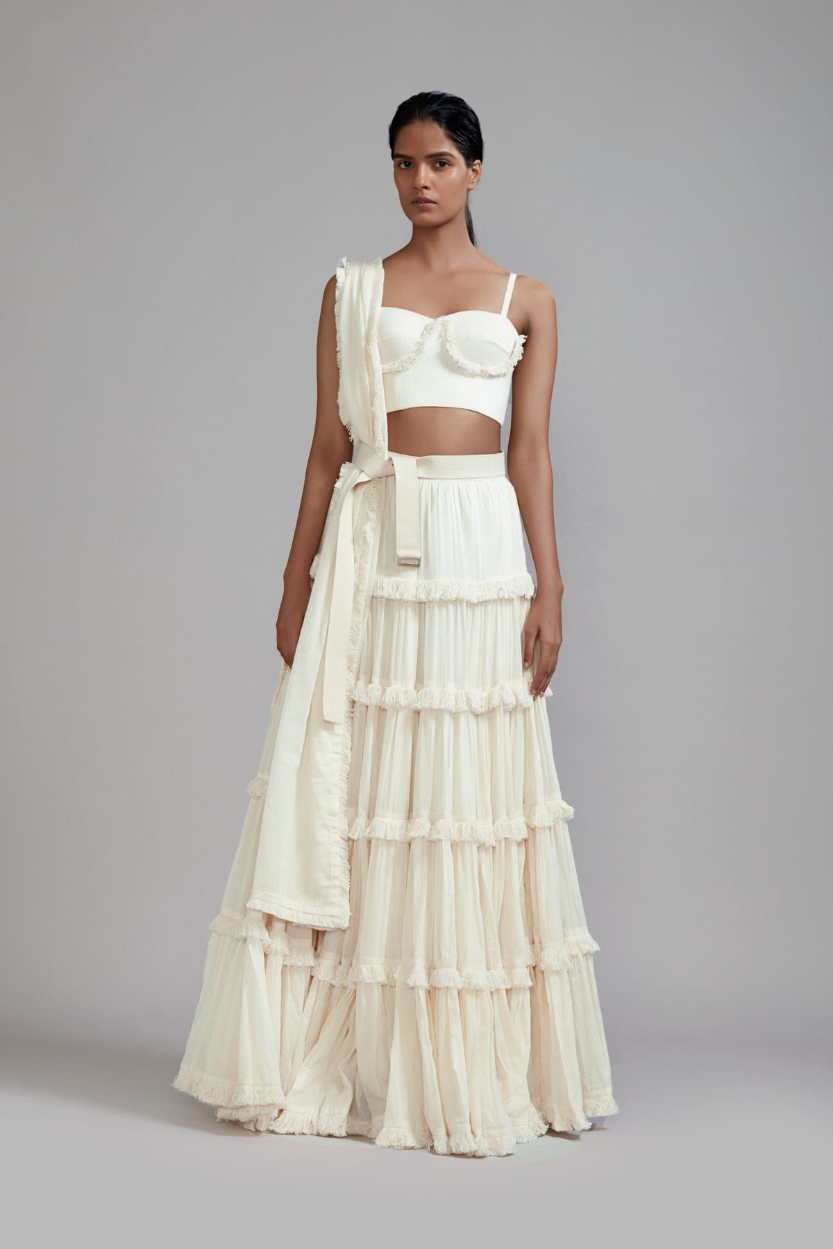 Mati sets Off-White Fringed Tiered Lehenga Set (3 PCS)