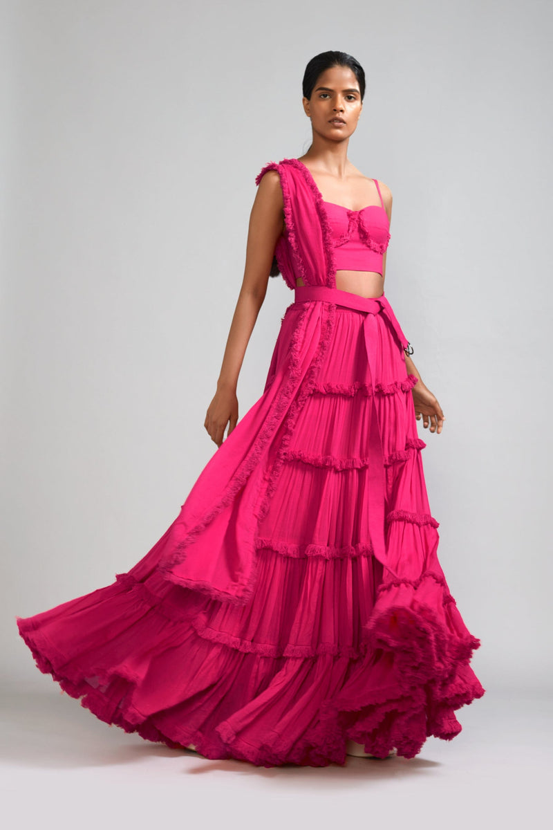 Mati sets Pink Fringed Tiered Lehenga Set (3 PCS)