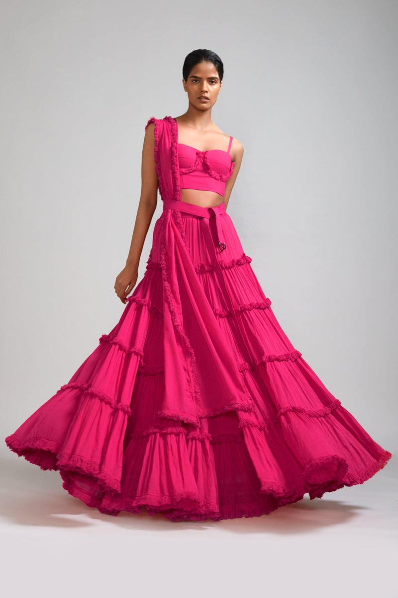 Mati sets Pink Fringed Tiered Lehenga Set (3 PCS)