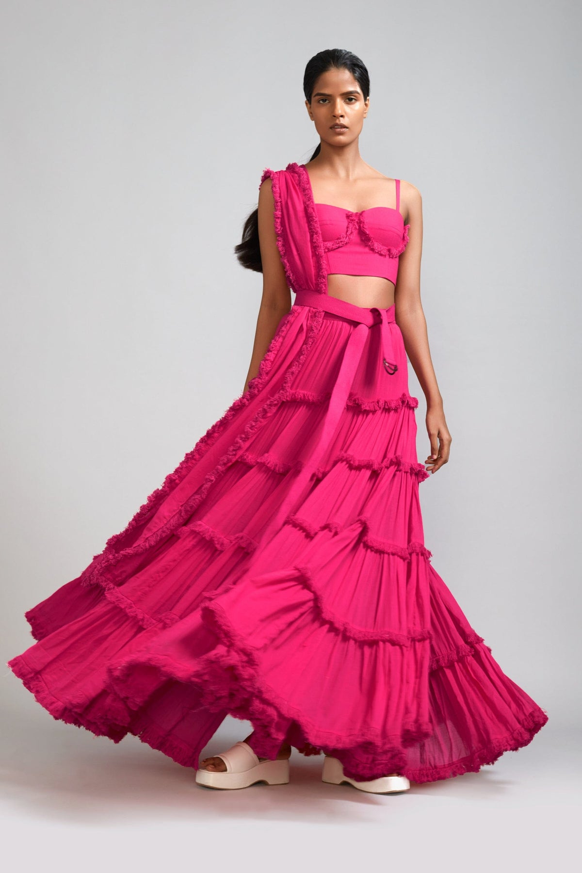 Mati sets Pink Fringed Tiered Lehenga Set (3 PCS)