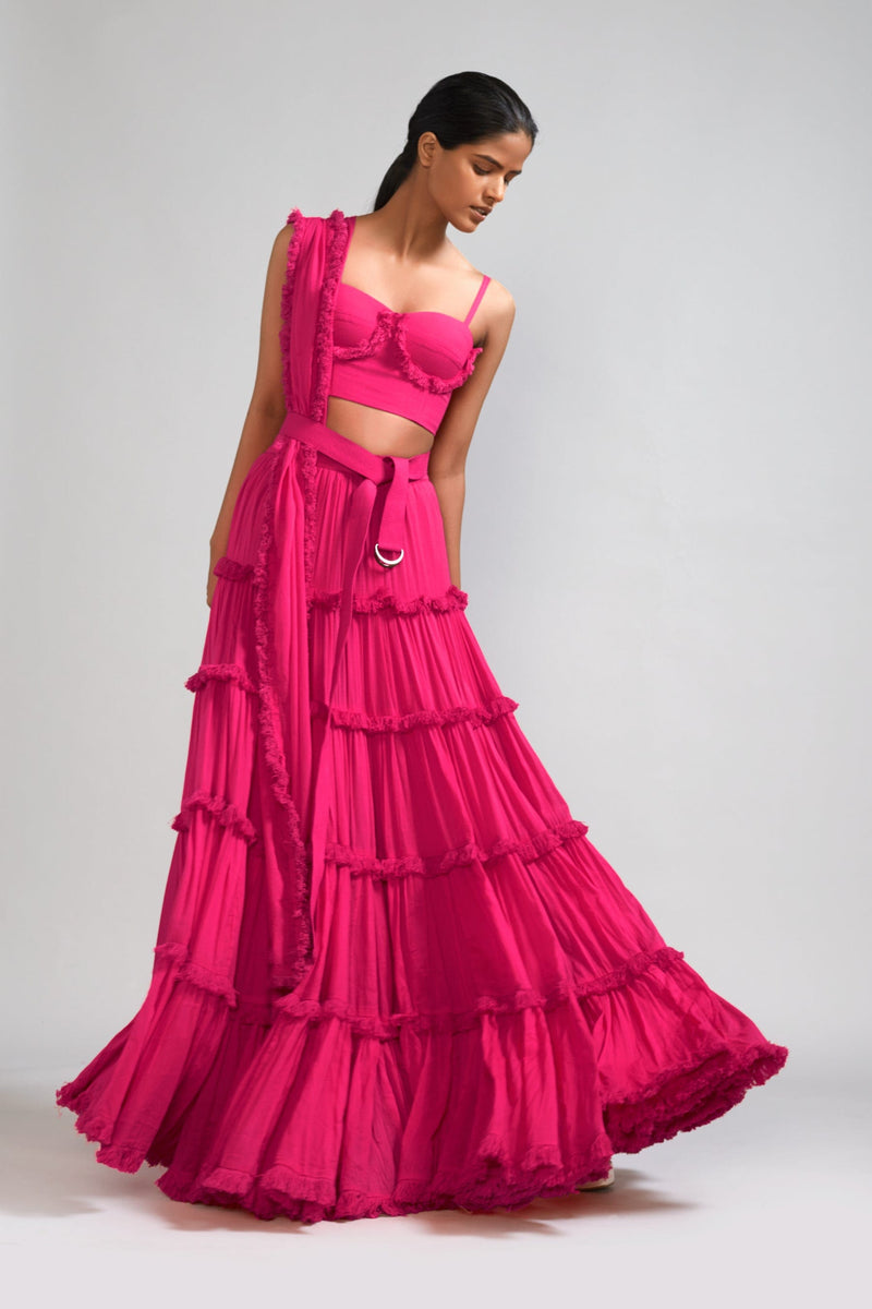 Mati sets Pink Fringed Tiered Lehenga Set (3 PCS)