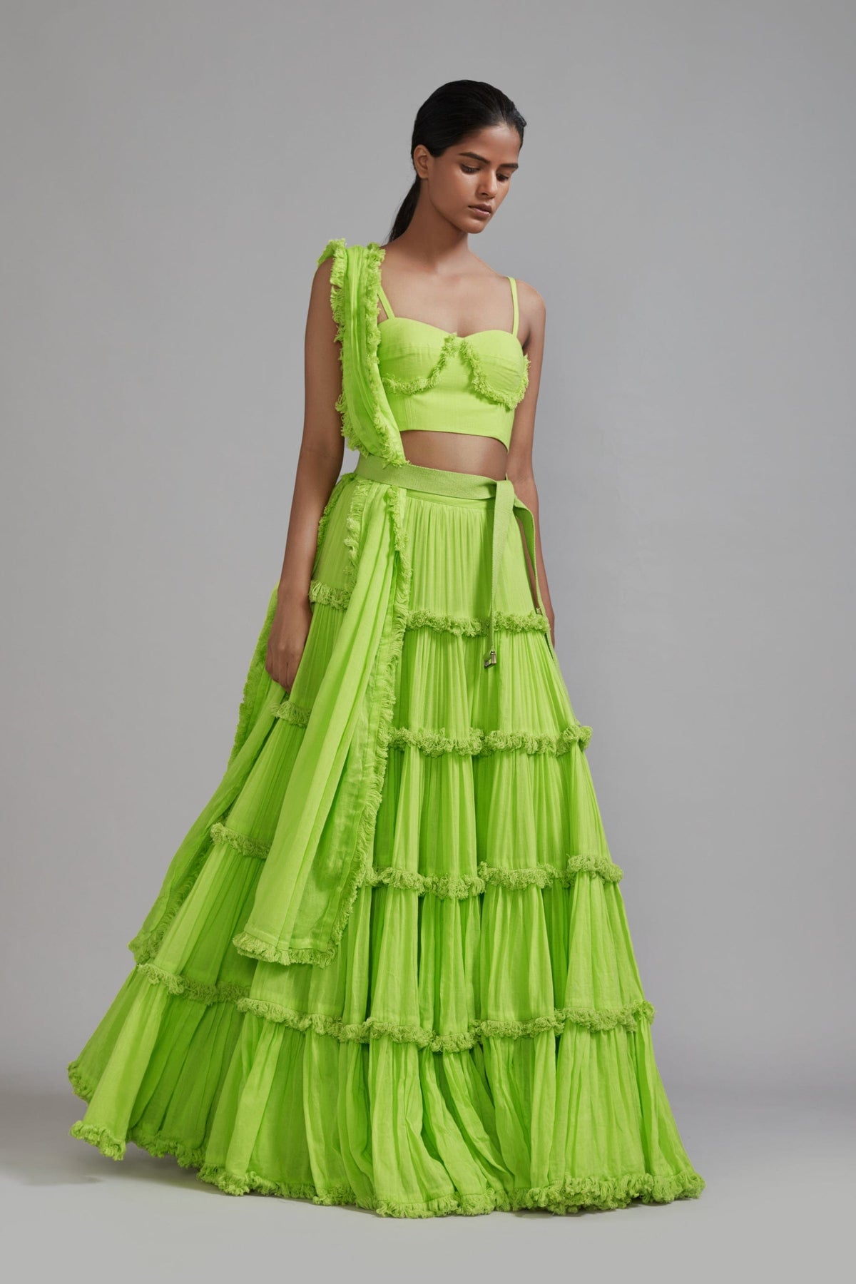 Mati sets XS Neon Green Fringed Tiered Lehenga Set (3 PCS)